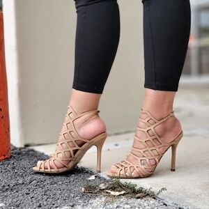 Ladies Beige Slingback Stiletto Peep Toe Adjustable Strap Sandals